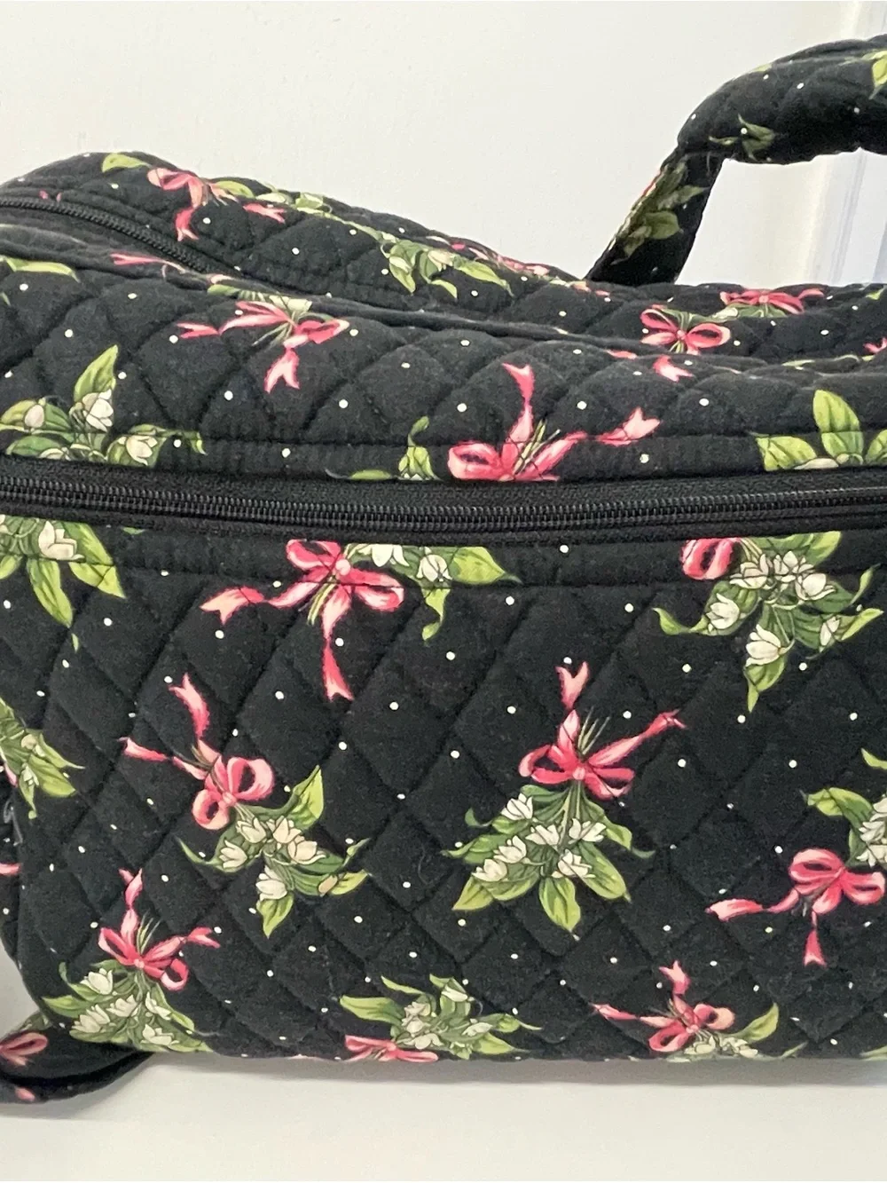 Vera Bradley Black Quilted Cosmetic Bag with Pink Ribbon Floral Print